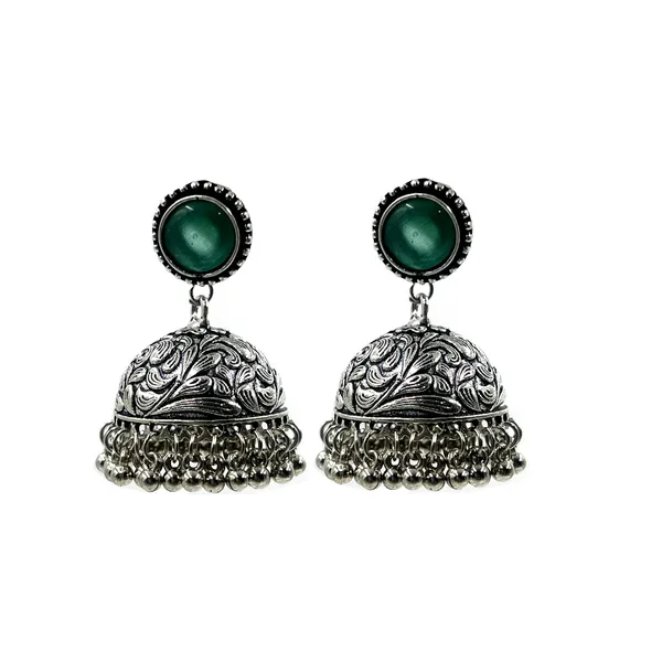 Light_Green_Oxidised_Silver-Color_Dome_Jhumka_Earrings_With_Carved_Floral_Design_And_Bead_Danglers_For_Women_&_Girls