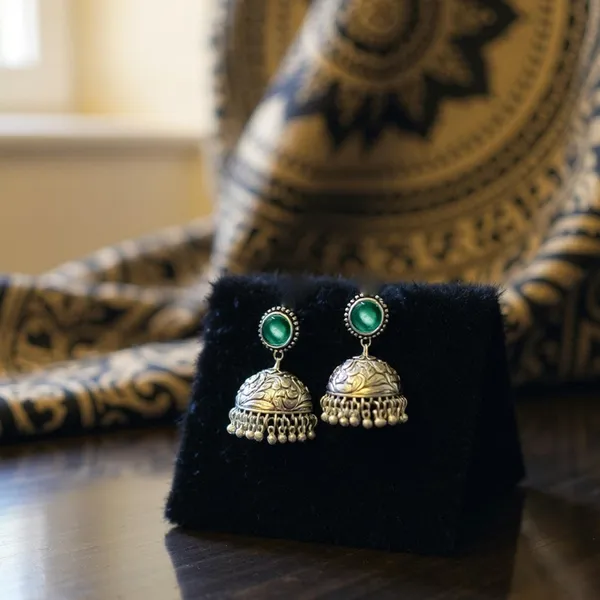 Light_Green_Oxidised_Silver-Color_Dome_Jhumka_Earrings_With_Carved_Floral_Design_And_Bead_Danglers_For_Women_&_Girls