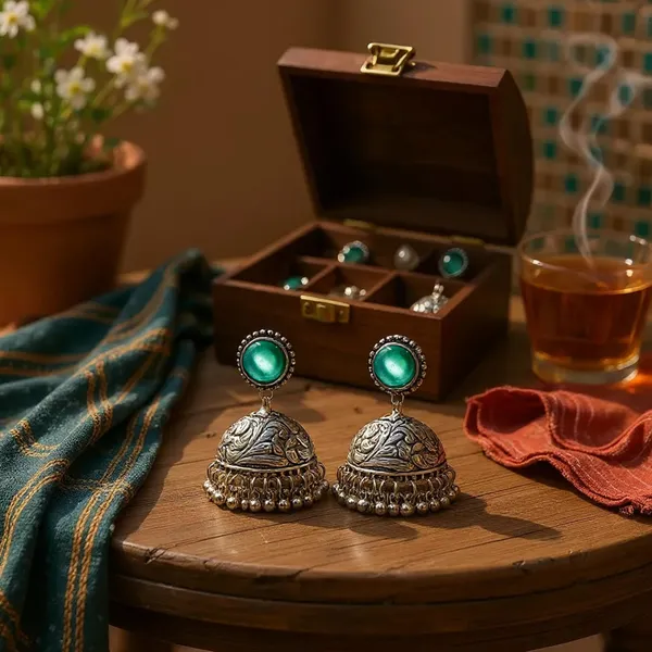Light_Green_Oxidised_Silver-Color_Dome_Jhumka_Earrings_With_Carved_Floral_Design_And_Bead_Danglers_For_Women_&_Girls