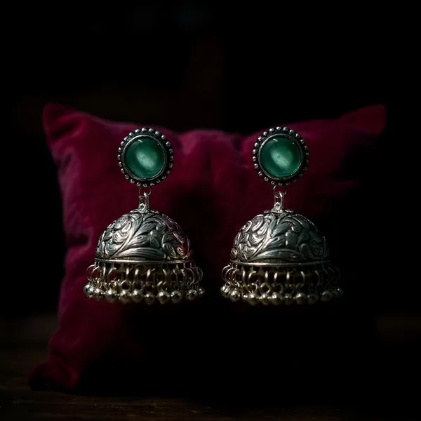 Light_Green_Oxidised_Silver-Color_Dome_Jhumka_Earrings_With_Carved_Floral_Design_And_Bead_Danglers_For_Women_&_Girls