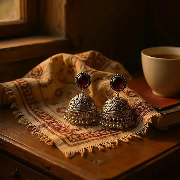 Maroon_Oxidised_Silver-Color_Dome_Jhumka_Earrings_With_Carved_Floral_Design_And_Bead_Danglers_For_Women_&_Girls