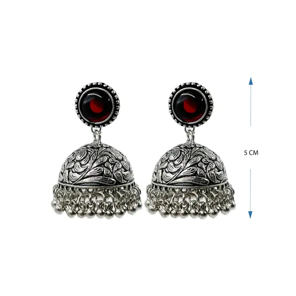 Maroon_Oxidised_Silver-Color_Dome_Jhumka_Earrings_With_Carved_Floral_Design_And_Bead_Danglers_For_Women_&_Girls