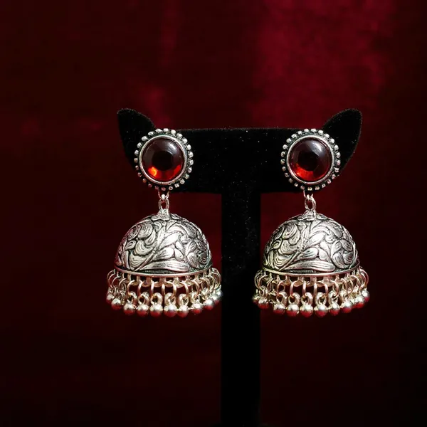 Maroon_Oxidised_Silver-Color_Dome_Jhumka_Earrings_With_Carved_Floral_Design_And_Bead_Danglers_For_Women_&_Girls