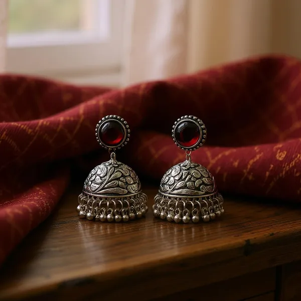 Maroon_Oxidised_Silver-Color_Dome_Jhumka_Earrings_With_Carved_Floral_Design_And_Bead_Danglers_For_Women_&_Girls