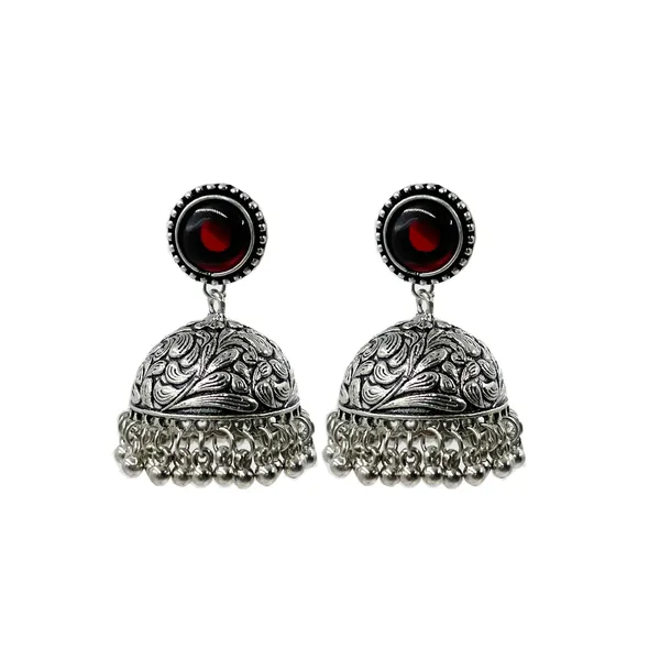 Maroon_Oxidised_Silver-Color_Dome_Jhumka_Earrings_With_Carved_Floral_Design_And_Bead_Danglers_For_Women_&_Girls
