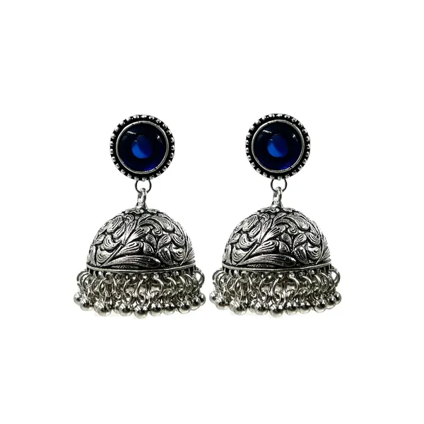 Royal_Blue_Oxidised_Silver-Color_Dome_Jhumka_Earrings_With_Carved_Floral_Design_And_Bead_Danglers_For_Women_&_Girls