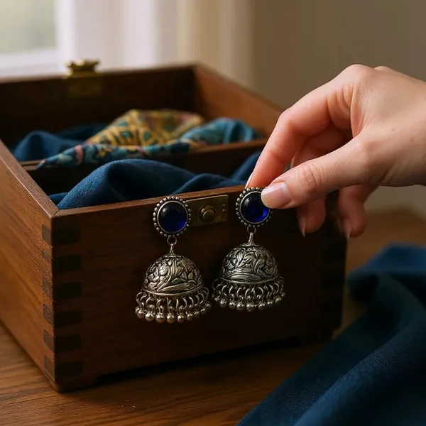 Royal_Blue_Oxidised_Silver-Color_Dome_Jhumka_Earrings_With_Carved_Floral_Design_And_Bead_Danglers_For_Women_&_Girls