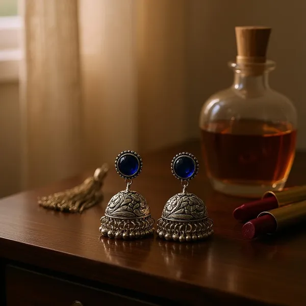 Royal_Blue_Oxidised_Silver-Color_Dome_Jhumka_Earrings_With_Carved_Floral_Design_And_Bead_Danglers_For_Women_&_Girls