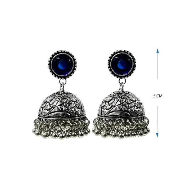 Royal_Blue_Oxidised_Silver-Color_Dome_Jhumka_Earrings_With_Carved_Floral_Design_And_Bead_Danglers_For_Women_&_Girls