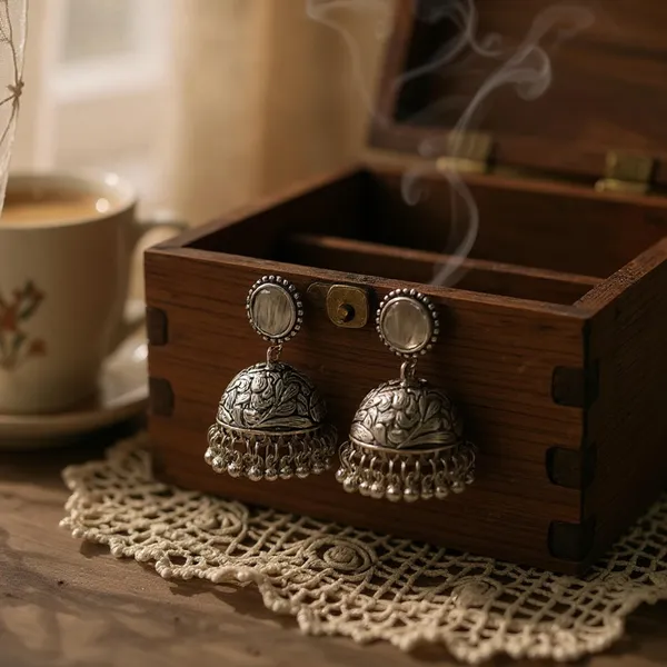White_Oxidised_Silver-Color_Dome_Jhumka_Earrings_With_Carved_Floral_Design_And_Bead_Danglers_For_Women_&_Girls