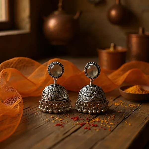 White_Oxidised_Silver-Color_Dome_Jhumka_Earrings_With_Carved_Floral_Design_And_Bead_Danglers_For_Women_&_Girls