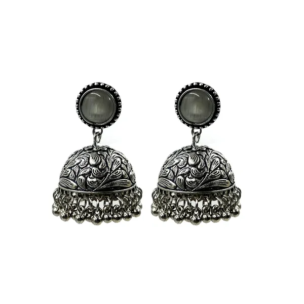 White_Oxidised_Silver-Color_Dome_Jhumka_Earrings_With_Carved_Floral_Design_And_Bead_Danglers_For_Women_&_Girls