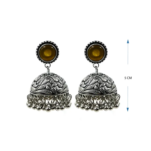 Yellow_Oxidised_Silver-Color_Dome_Jhumka_Earrings_With_Carved_Floral_Design_And_Bead_Danglers_For_Women_&_Girls