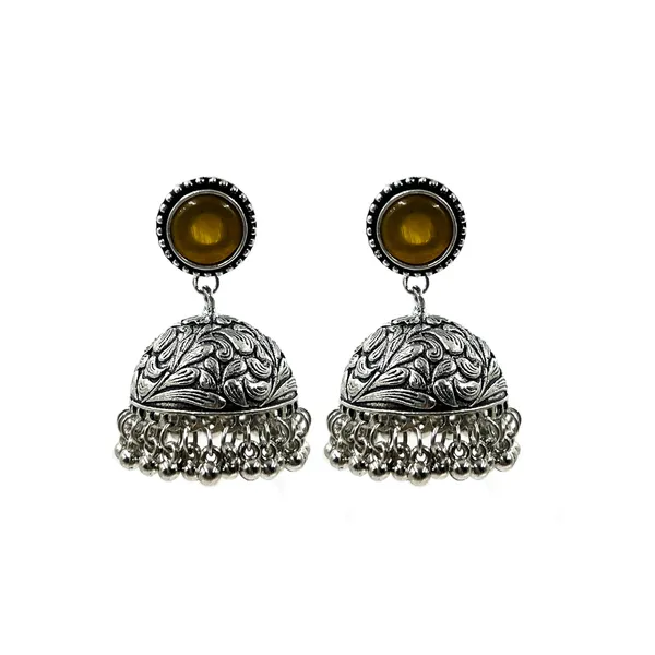 Yellow_Oxidised_Silver-Color_Dome_Jhumka_Earrings_With_Carved_Floral_Design_And_Bead_Danglers_For_Women_&_Girls