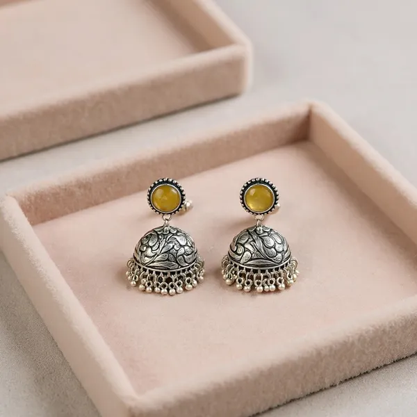 Yellow_Oxidised_Silver-Color_Dome_Jhumka_Earrings_With_Carved_Floral_Design_And_Bead_Danglers_For_Women_&_Girls