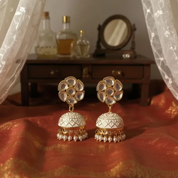 White_White_Meenakari_Jhumka_Earrings_With_Pearl_Drops_|_Handcrafted_Enamel_Work_|_Wedding_&_Festive_Jewellery