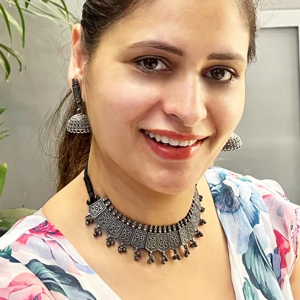 Oxidised_Black_Silver_Black_Oxidised_Slique_Ethnic_Boho_Tribal_Necklace_Set_With_Ghungroo_&_Jhumka_Fusion_For_Women_And_Girls