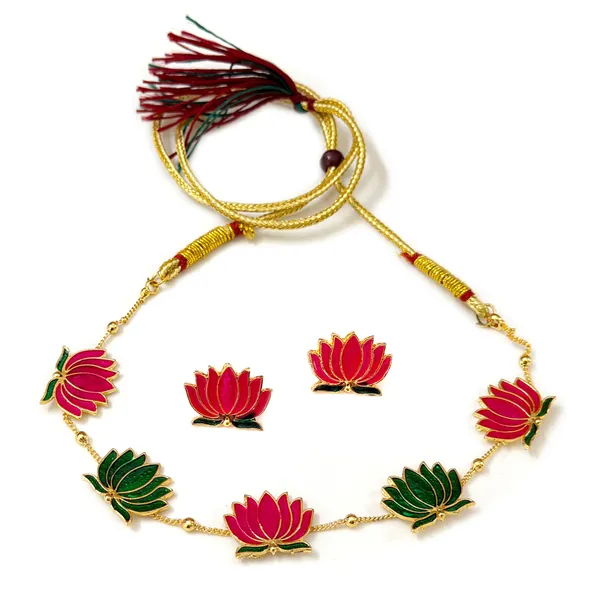 Green_Pink_Lotus_Motif_Necklace_&_Stud_Earrings_Set_For_Women_|_Adjustable_Dori_With_Tassels_|_Festive_&_Ethnic_Jewellery_Set