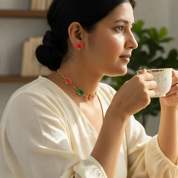 Green_Pink_Lotus_Motif_Necklace_&_Stud_Earrings_Set_For_Women_|_Adjustable_Dori_With_Tassels_|_Festive_&_Ethnic_Jewellery_Set