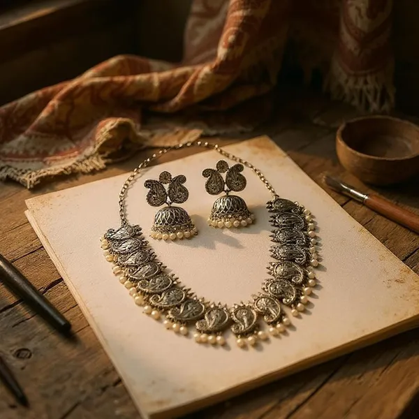 Silver_Antique_Black_Oxidised_Flower_Petal_Necklace_Set_|_Manga_Malai_Design_Antique_Mango_Haram_Design_Jewellery