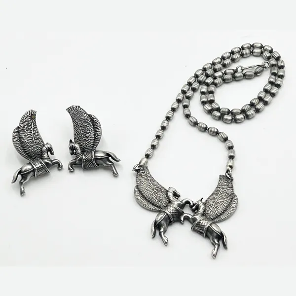 Silver_Antique_Black_Magical_Flying_Horse_Necklace_And_Stud_Earrings_Set_|_Brass_Antique_Oxidized_Pegasus,_Ghoda,_Winged_Horse_Motifs_Earrings_Pegasus_Inspired_Statement_Jewellery