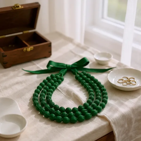 Green_Handmade_Fabric_Bead_Necklace_For_Women_&_Girls_|_Triple_Layer_Adjustable_Cloth_Jewellery_|_Ethnic,_Haldi,_Bridal_Wear