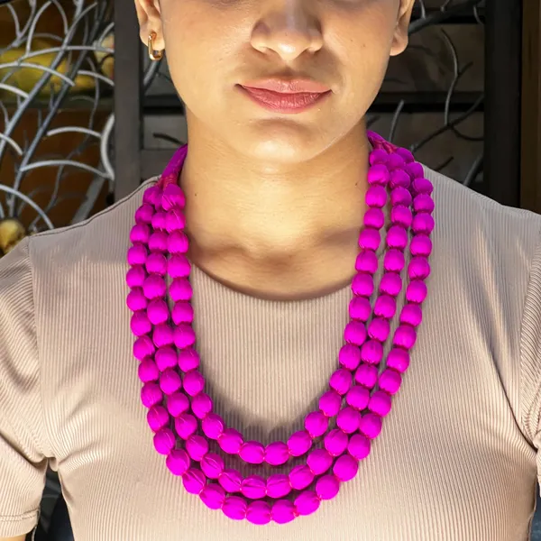 Pink_Handmade_Fabric_Bead_Necklace_For_Women_&_Girls_|_Triple_Layer_Adjustable_Cloth_Jewellery_|_Ethnic,_Haldi,_Bridal_Wear