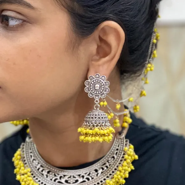 Oxidised_Haldi_Bridal_Jewellery_Oxidised_Traditional_Earring_With_Yellow_Beads