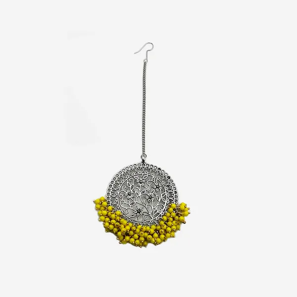 Oxidised_Haldi_Bridal_Jewellery_Oxidised_Traditional_Maang_Tika_With_Yellow_Beads