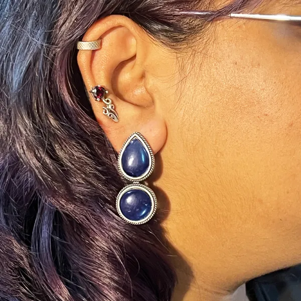 Peacock_Blue_Dual_Mona_Lisa_Drop_&_Round_Stud_Earrings_|_Oxidised_Brass_Silver_Replica,_Look_Medium-Size_Earrings_Many_Colors_For_Women_&_Girls