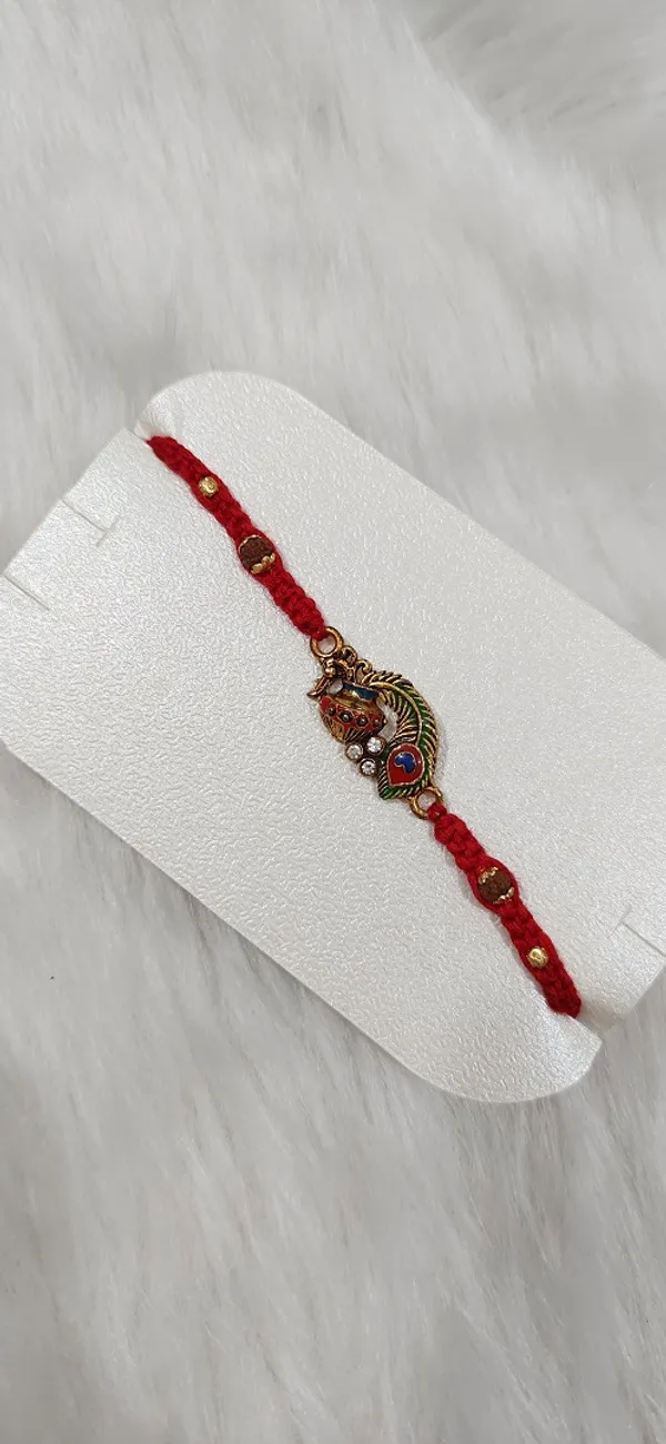 Antique_Gold_Peacock_Motif_Red_Dori_Rakhi_6-Piec_Combo_
