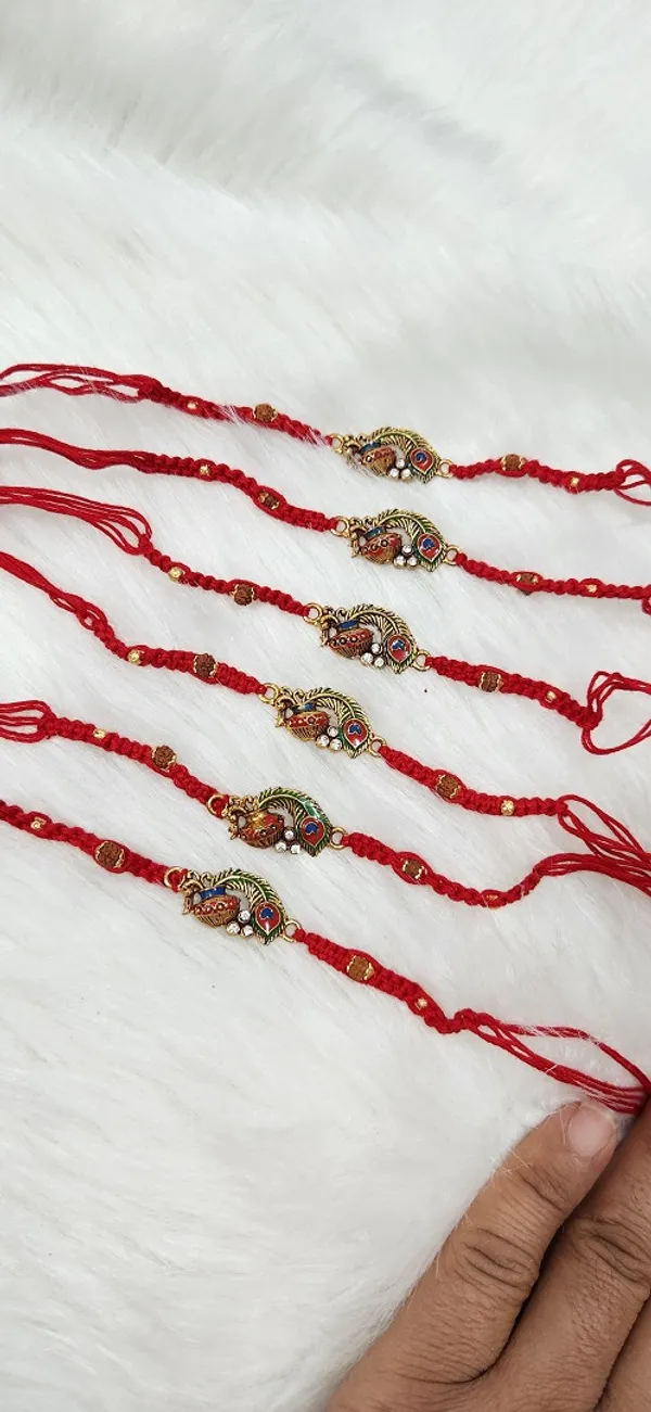 Antique_Gold_Peacock_Motif_Red_Dori_Rakhi_6-Piec_Combo_