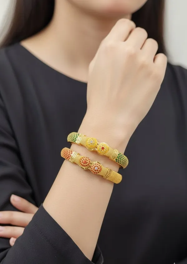 Gold_Patterned_Bangles_With_Enamel_And_Stones