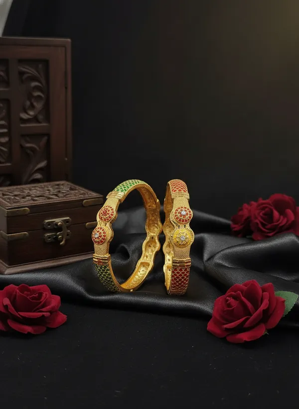 Gold_Patterned_Bangles_With_Enamel_And_Stones
