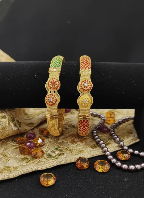 Gold_Patterned_Bangles_With_Enamel_And_Stones