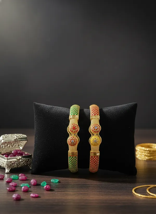 Gold_Patterned_Bangles_With_Enamel_And_Stones