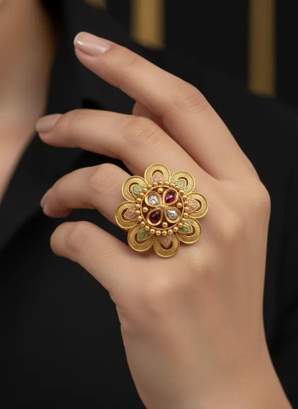 Padmavati_Rajwadi_Floral_Mojonite_Kundan_Ring