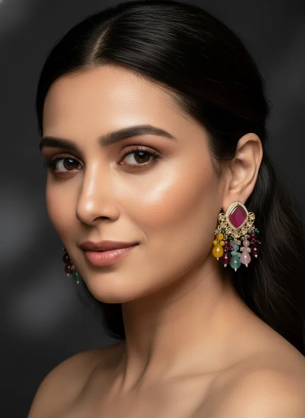 Gleaming_Dark_Pink_Studd_&_Multi_Colour_Drop_Kundan_Earrings
