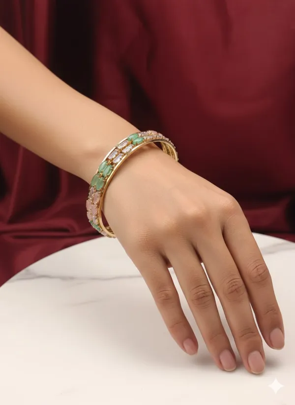 Gold-Plated_White_Pink_Green_Alloy,_American_Diamond_Trendy_Fashionable_Bangles_For_Women