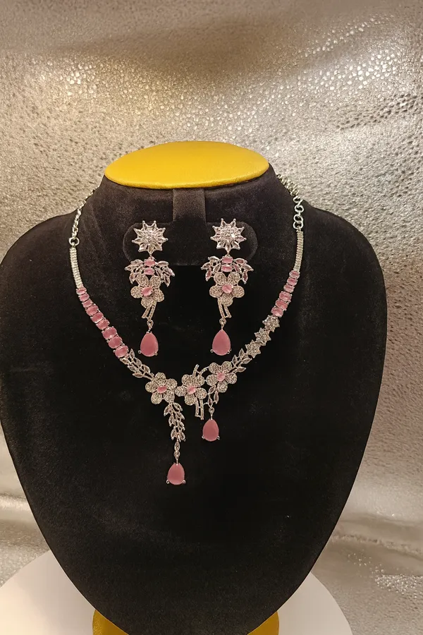 Pink_Flower_Studded_American_Diamond_Zirconia_Necklace_Set