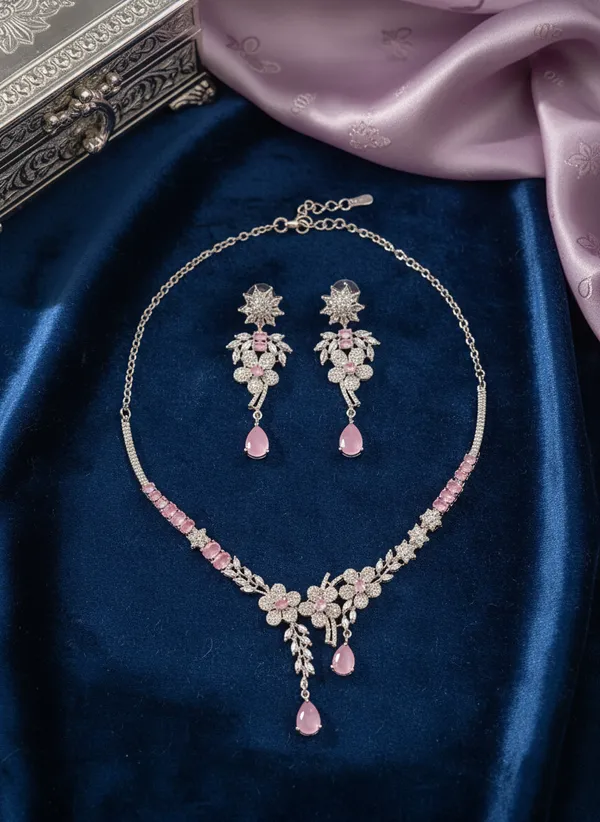 Pink_Flower_Studded_American_Diamond_Zirconia_Necklace_Set
