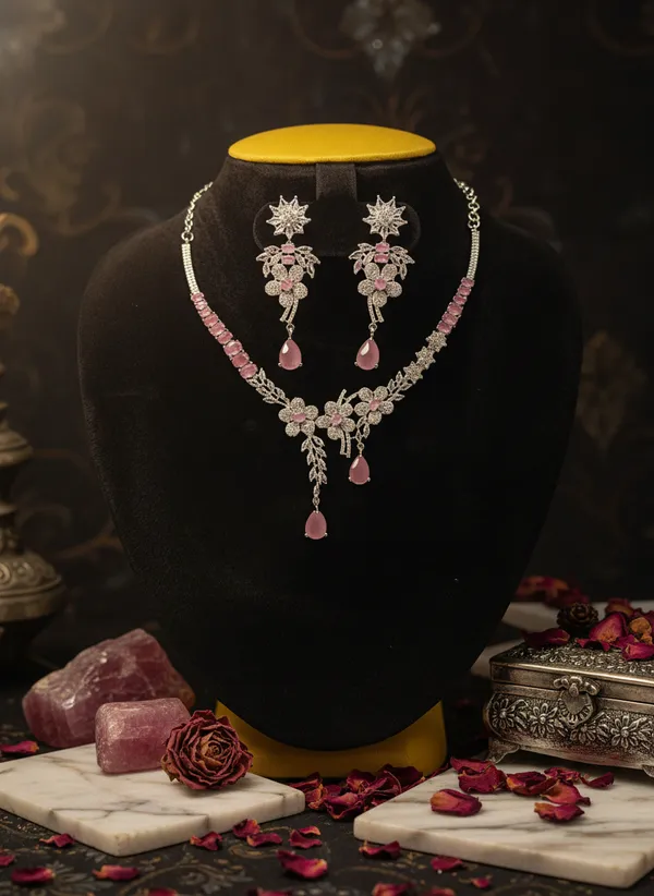 Pink_Flower_Studded_American_Diamond_Zirconia_Necklace_Set