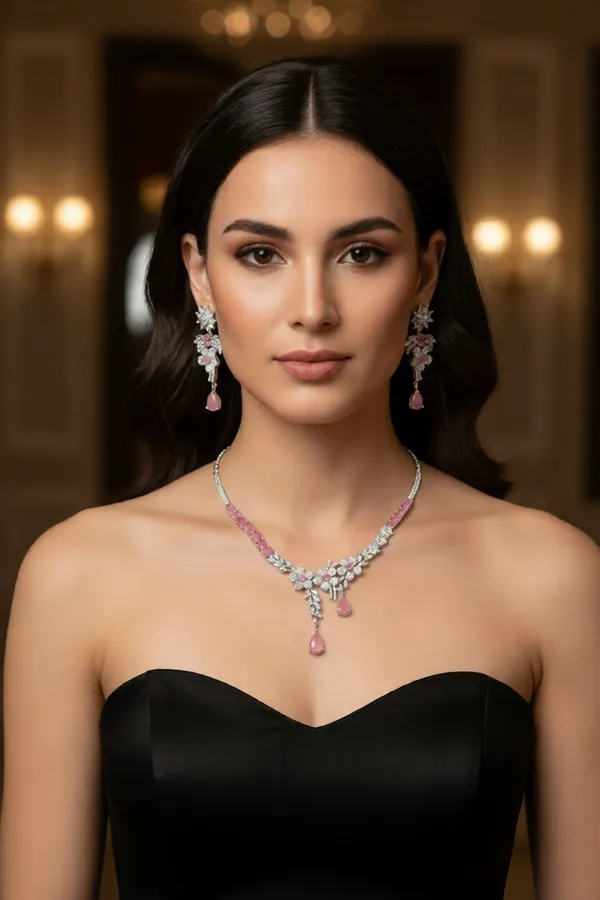 Pink_Flower_Studded_American_Diamond_Zirconia_Necklace_Set