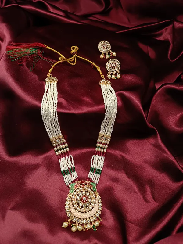Gold-Plated_White_Kundan_&_Pearl_Studded_And_Beaded_Multi-Strand_Long_Necklace_Set