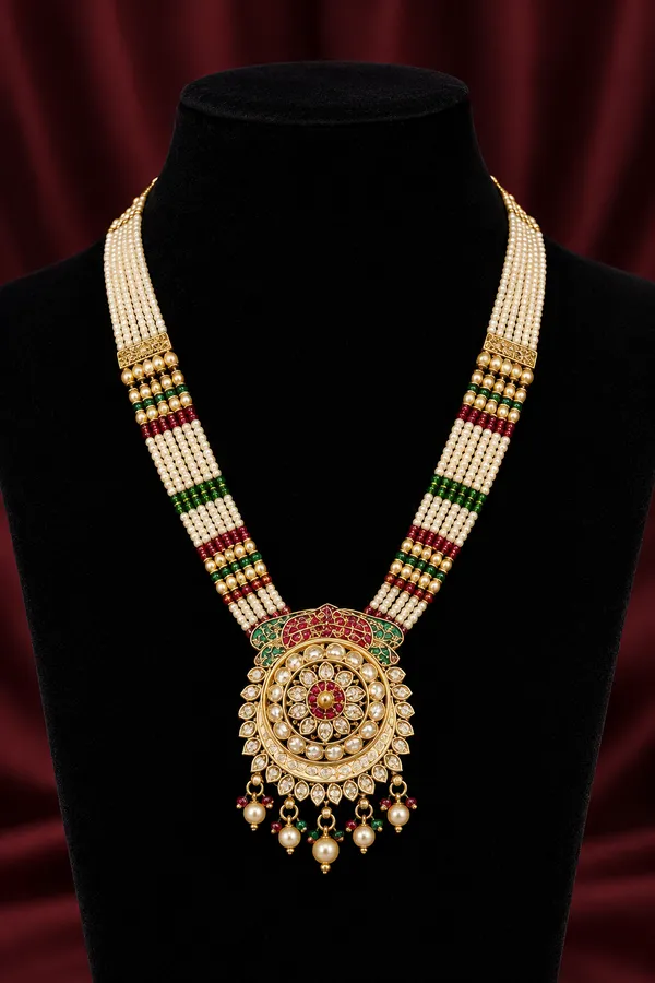 Gold-Plated_White_Kundan_&_Pearl_Studded_And_Beaded_Multi-Strand_Long_Necklace_Set