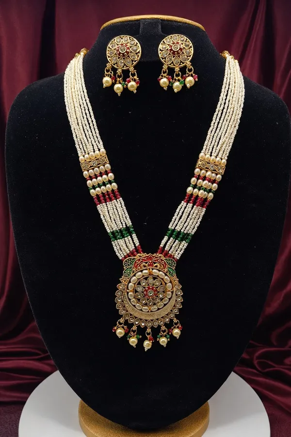 Gold-Plated_White_Kundan_&_Pearl_Studded_And_Beaded_Multi-Strand_Long_Necklace_Set