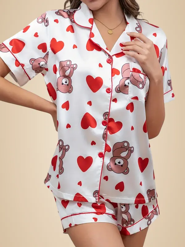 White_Lycra_And_Mesh_Bear_&_Heart_Print_Night_Suit_For_Women
