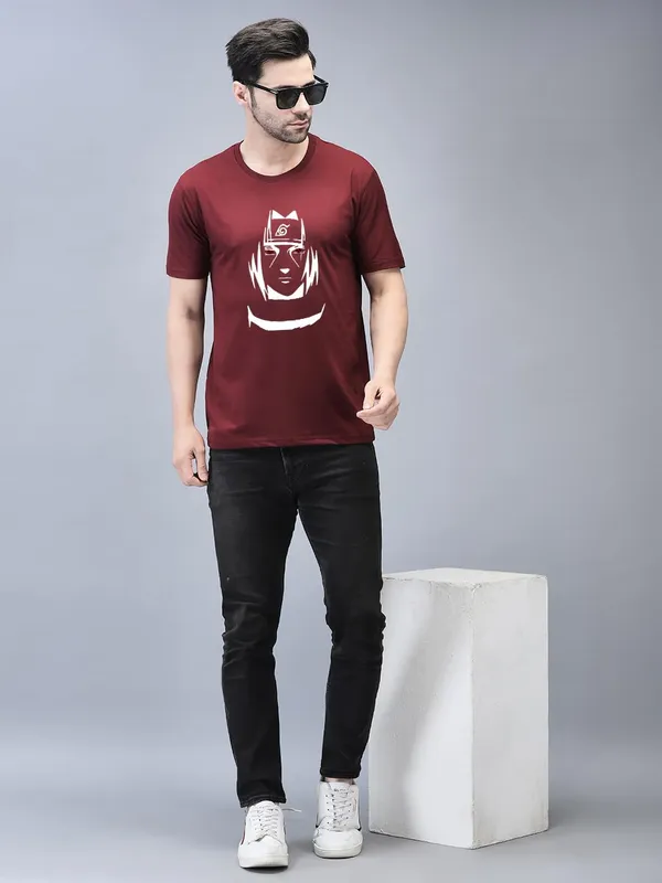 Maroon_Cotton_Printed_Crew_Neck_Half_Sleeve_T-Shirt_For_Men