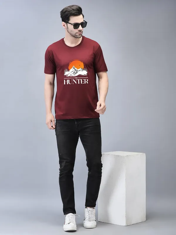 Maroon_Cotton_Printed_Crew_Neck_Half_Sleeve_T-Shirt_For_Men