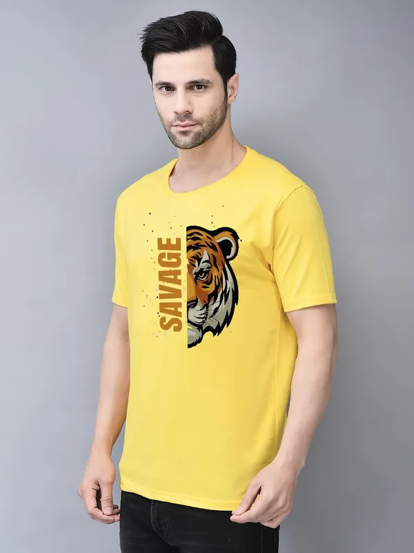 Yellow_Cotton_Printed_Crew_Neck_Half_Sleeve_T-Shirt_For_Men